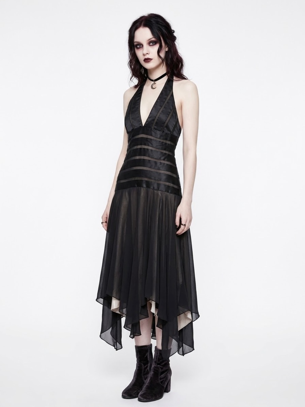 Whimsigoth 100% Silk Drop Waist Halter Neck Maxi Dress Handkerchief Hem Witchy